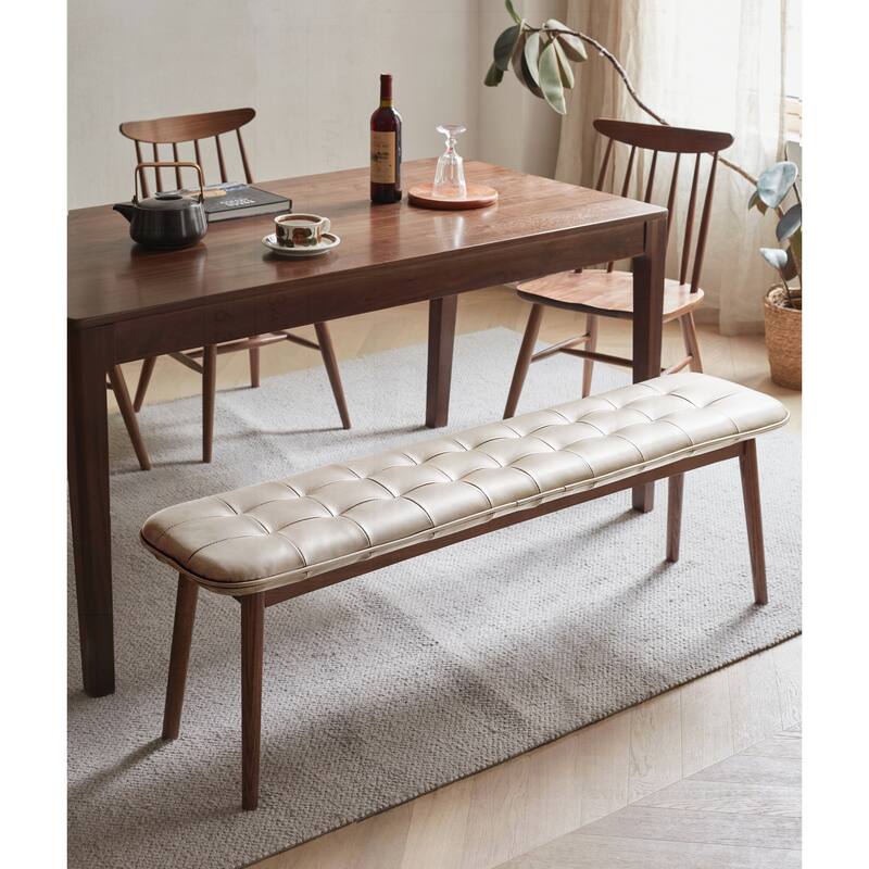 Versatile Oak Wood Bench with Leather Cushion for Various Rooms