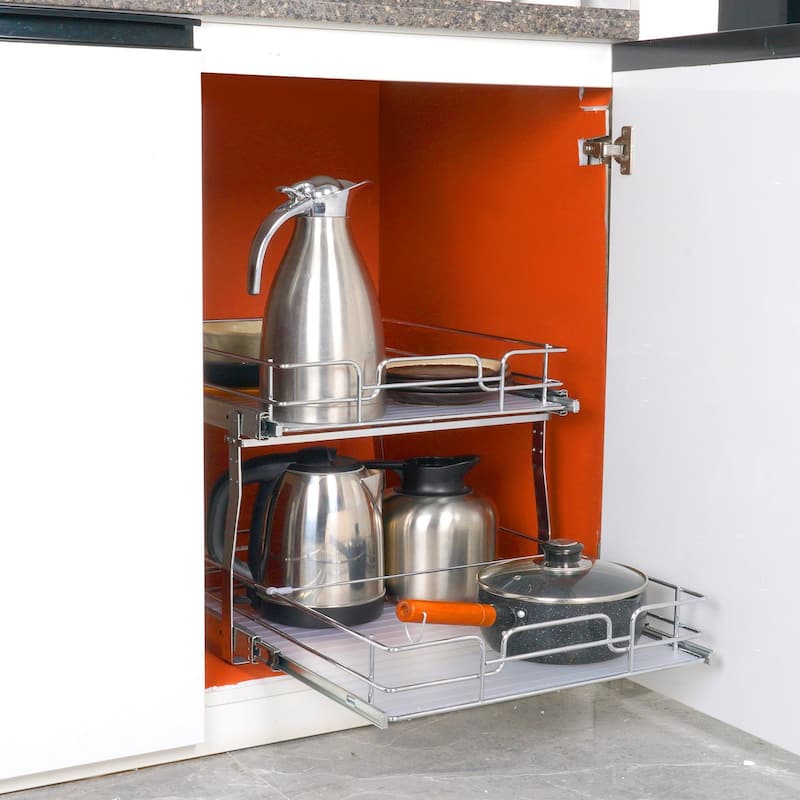 Pull Out Cabinet Organizer for Kitchen or Bathroom and Chrome Steel Shelf