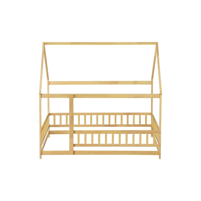 Full Size House Floor Wooden Bed with Roof Frame