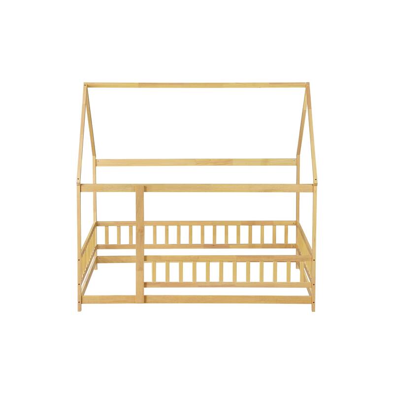 Full Size Wooden House Floor Bed with Roof Frame and Safety Guardrails, Natural Finish