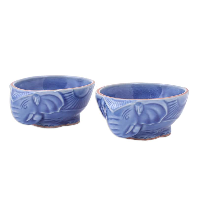 Novica Handmade Elephant Companion In Blue Celadon Ceramic Bowls (Pair)