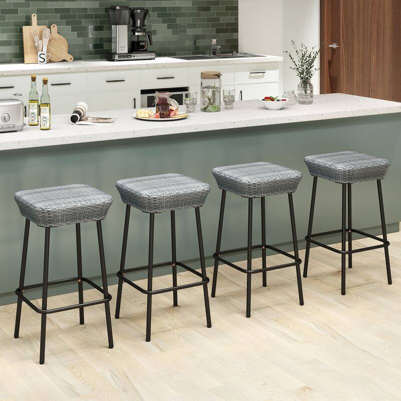 Gymax 29.5'' Metal Bar Height Stools Set of 2 w/ Rattan Seat &