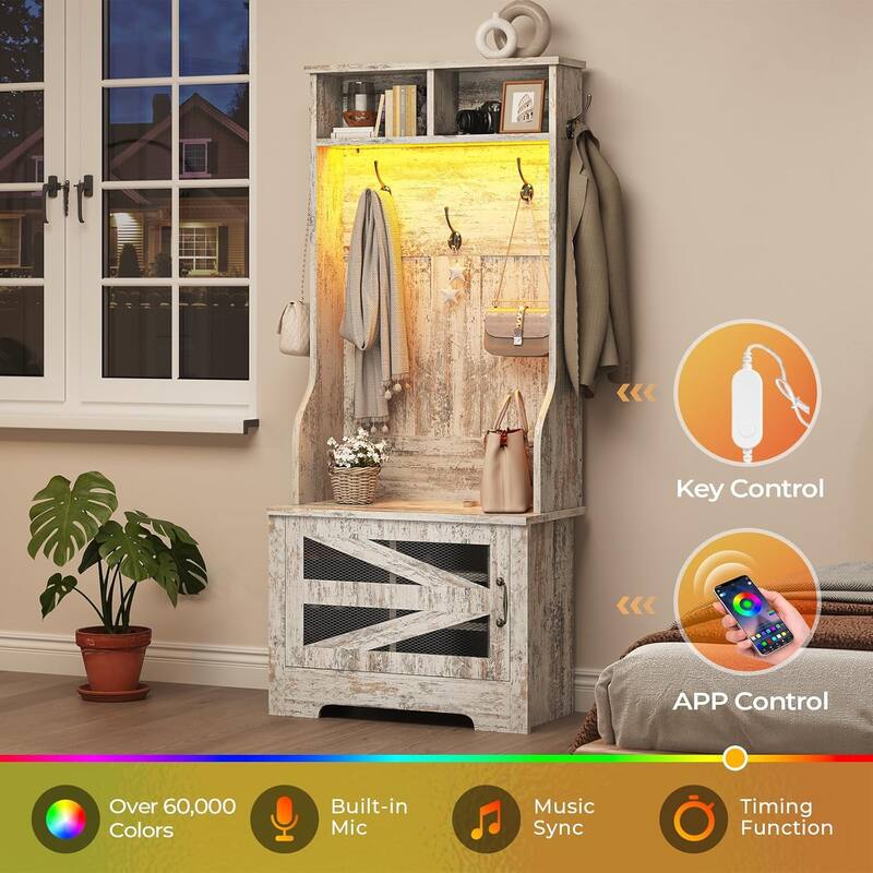 Hall Tree w/ Bench Shoe Storage Shoe Cubby Barn Door Adjustable Shelf