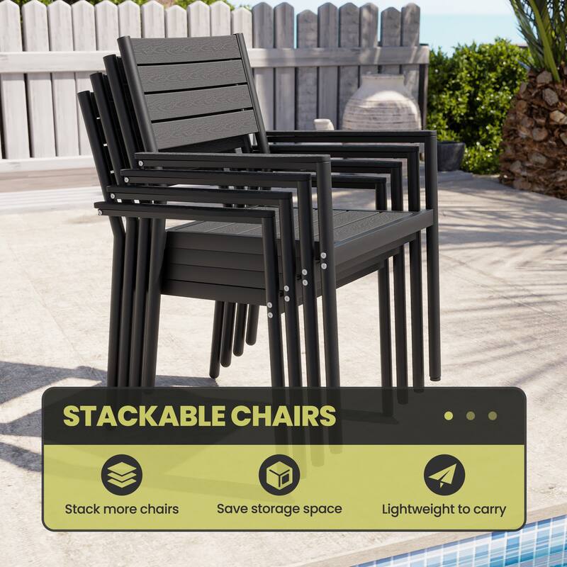 11-Piece Set Outdoor Aluminum Rectangular Dining Table with Umbrella Hole and Stackable Chairs