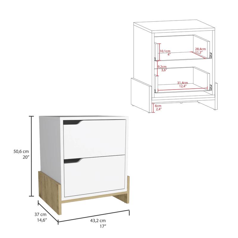 Modern 2-Drawer Nightstand with Spacious Storage, Sleek Design in White or White/Macadamia Finish