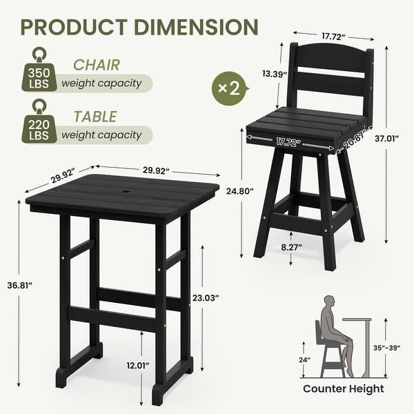 dimension image slide 0 of 5, 3-Piece HDPE Counter Height Bar Set with 2 24.8'' Height Swivel Bar Stools and 29.92'' W Square Bar Table,Pub table sets of 3