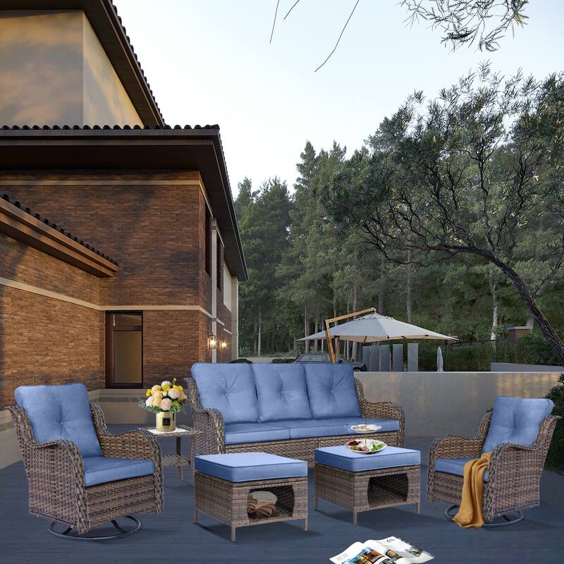6 Piece Outdoor Wicker Patio Conversation Sofa Sets with Swivel Chairs - Denim Blue-Brown Rattan