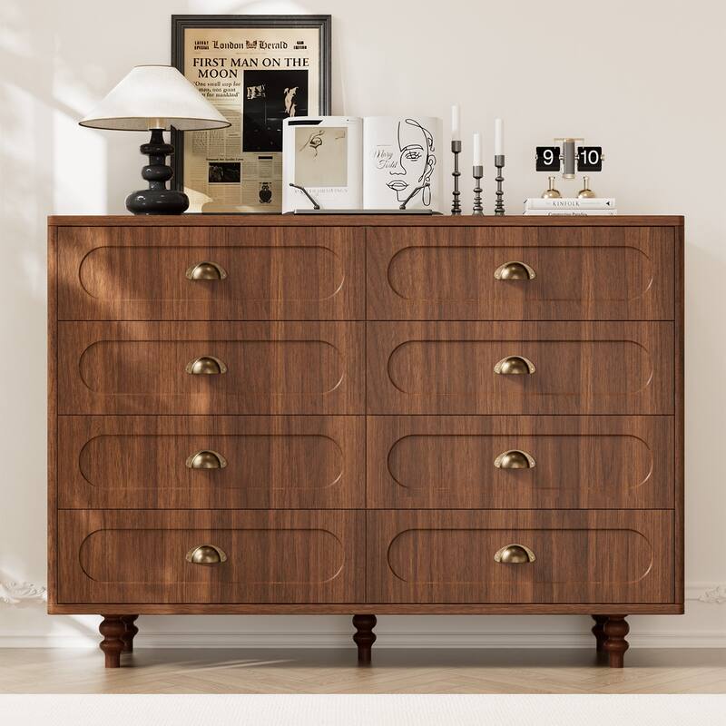 Gymojoy Fluted Dresser for Bedroom, Mid Century Modern Drawer Wood Chest Organizer, Small Storage Dresser for Living Room - Walnut - 8-drawer