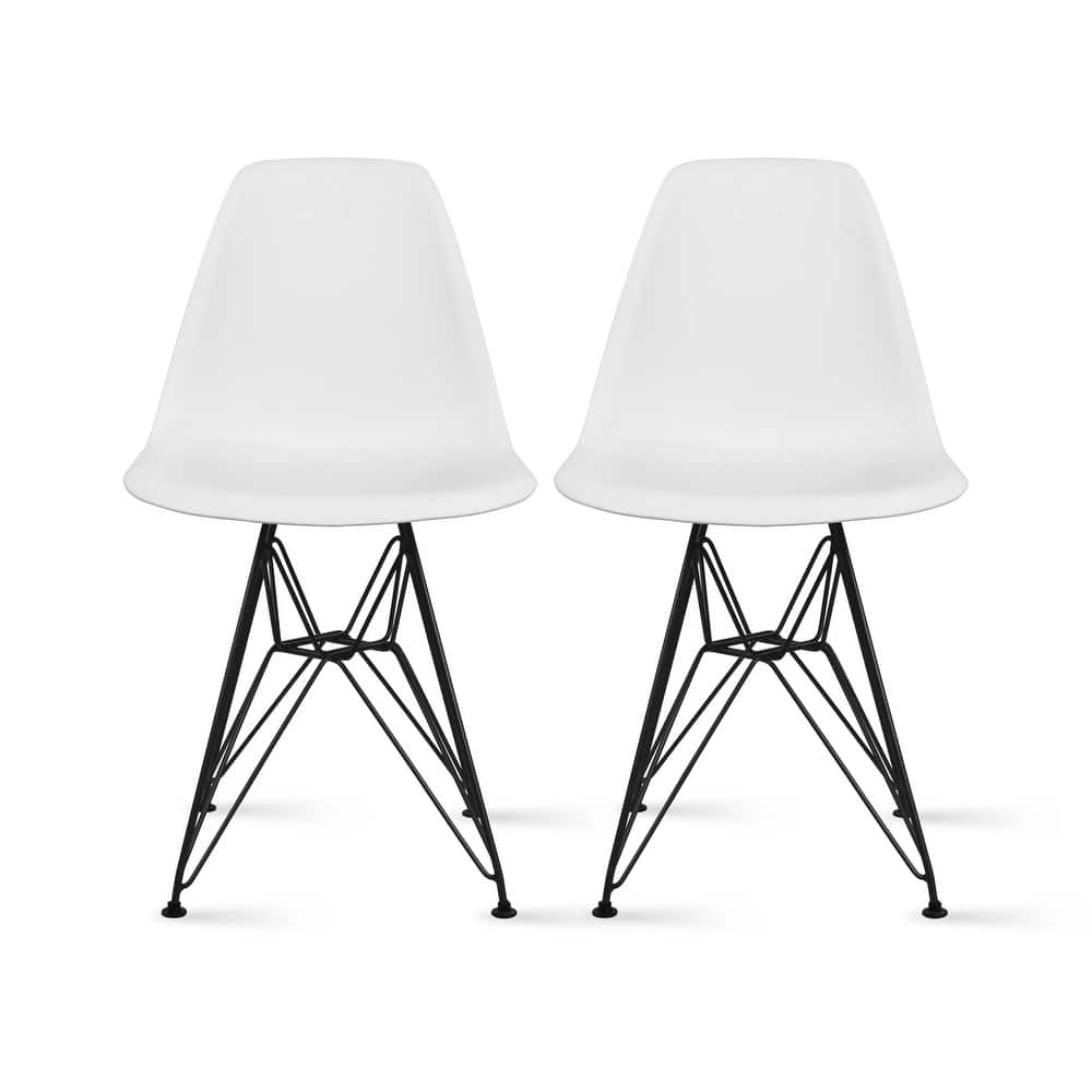 Set of 2 Mid-Century Modern Dining Side Chairs Armless Plastic Shell Seat with Black Metal Wire Eiffel Base, White