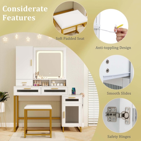 Costway Modern Makeup Vanity Desk with Mirror and Lights Charging Station Jewelry Organizer Side Cabinet 44 Bedroom Vanity Dressing Table with Stool