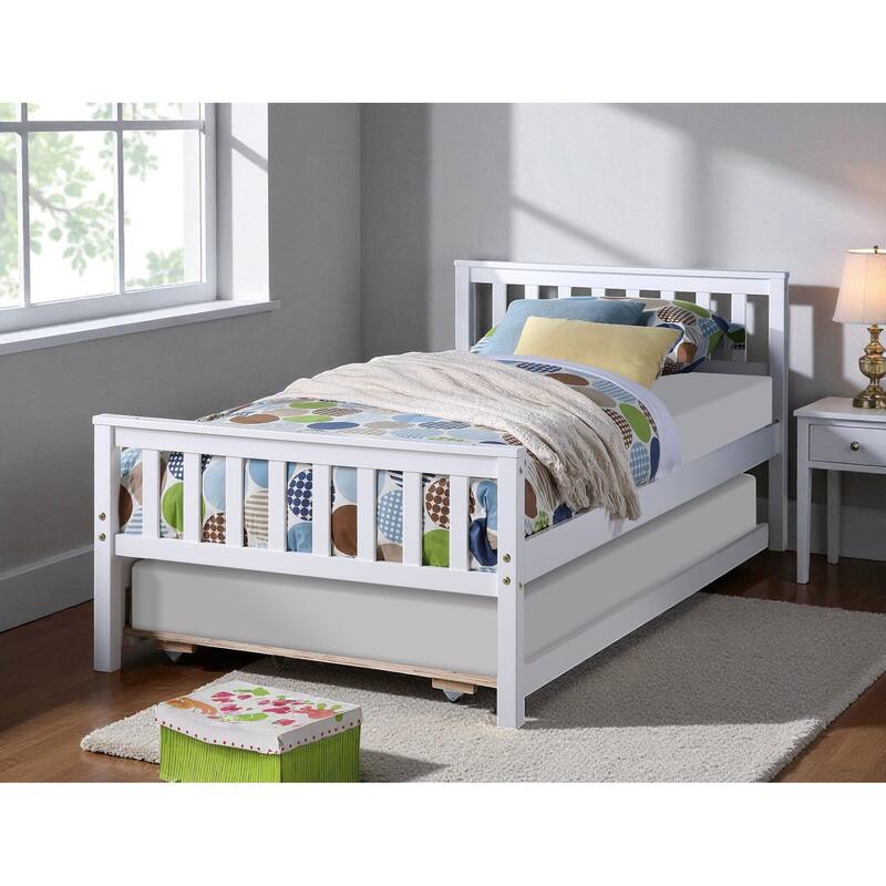 Twin Size Wooden Platform Bed with Trundle, Headboard and Footboard, Space-Saving Design for Guest or Small Bedroom - White - Twin
