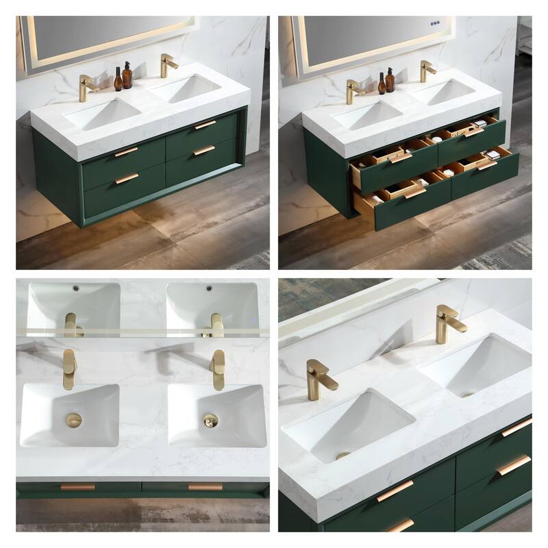 36/48/60 Modern LED Floating Bathroom Vanity with Single/Double Sink & Soft-Close Drawers & Waterproof, Green