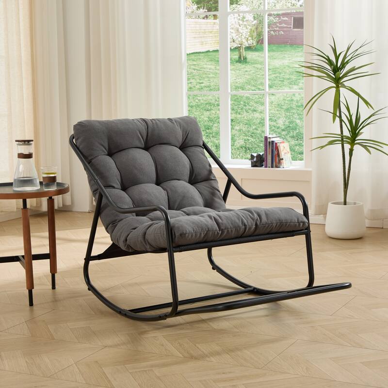 Outdoor Rocking Chair, Comfy Cushion, with Soft Thick Cushion,for Living Room, Bedroom, Reading Room, Black Frame with Cushion