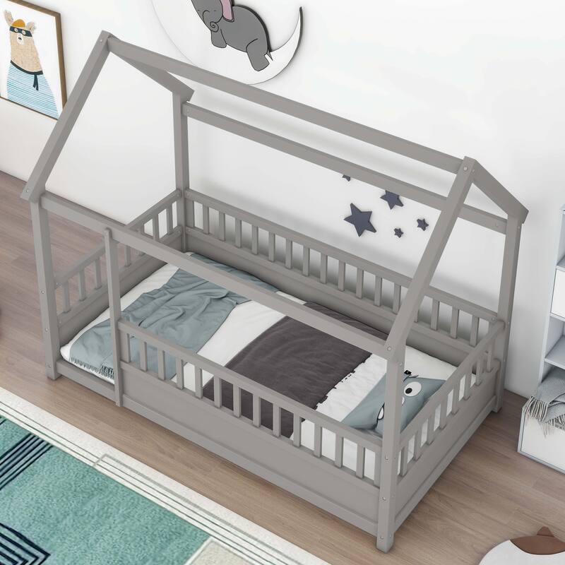 Twin Size Floor Wooden Bed with Fence Guardrails
