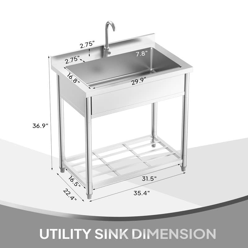 35.4 In. Freestanding Stainless Steel Large Single Basin Utility Sink With Shelve
