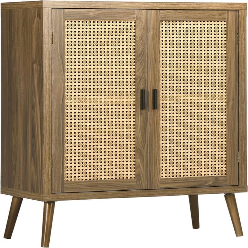 Sideboard Buffet Cabinet with Rattan Decorated Doors - 13.75"D x 30"W x 39.25"H - 13.75"D x 30"W x 39.25"H - Brown