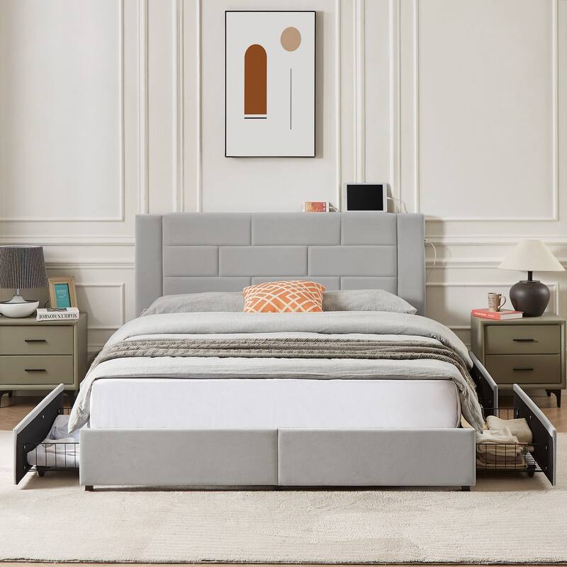 VECELO Upholstered Storage Bed Frame with 2 Side USB Ports and 4 Big Space Drawers, Velvet Headboard and Charging Station-Ports