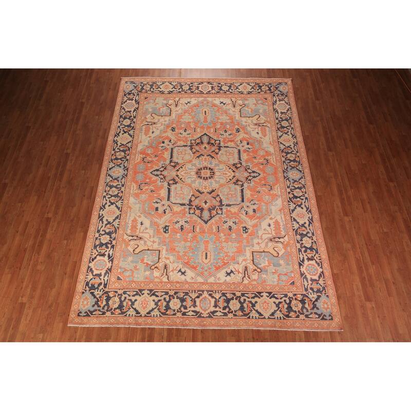 Vegetable Dye Heriz Oriental Area Rug Hand-Knotted Floral Wool Carpet - 8'9" x 12'5"