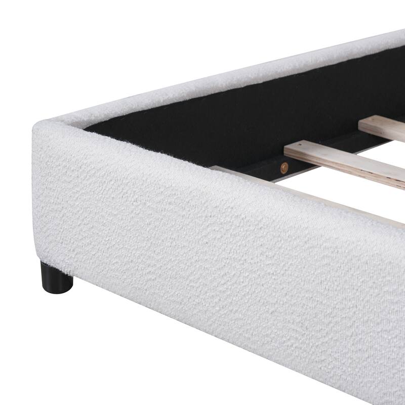 Roomfitters Queen/Twin Size Boucle Upholstered Platform Bed with Round Curved Headboard, Modern Bedroom Style, White