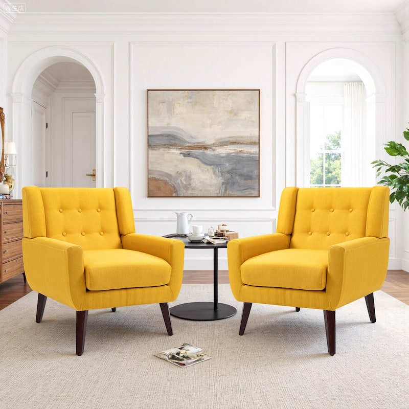 2 Set Modern Tufted Linen Upholstered Accent Chair Faux Leather Armchair