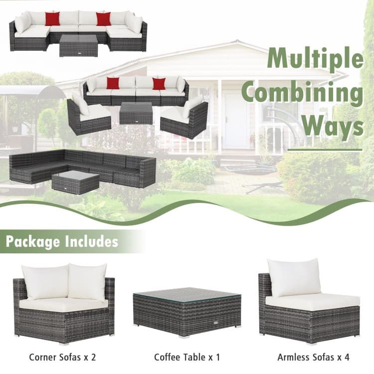 Patio Rattan Furniture Set Sectional Sofa Garden Cushion - 7 Pieces - Armless Sofa: 29" x 25.5" x 24"