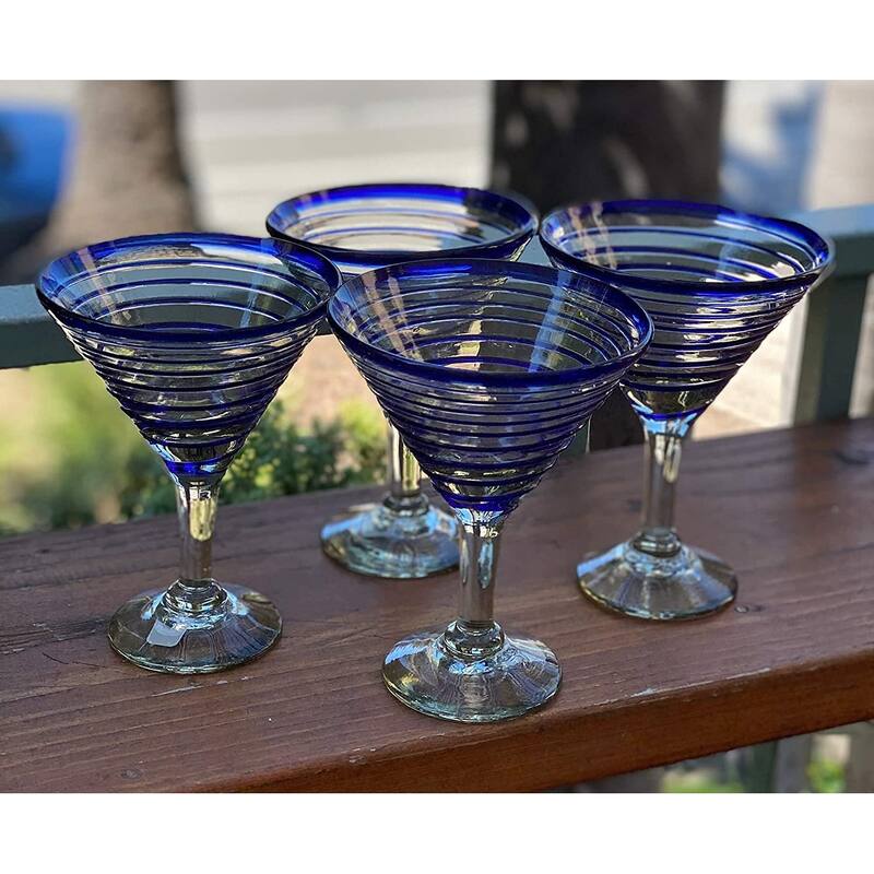 Dos Suenos Mexican Hand Blown Glass - Set of 4 Hand Blown Modern Margarita Glasses - Blue Spiral (12 oz)