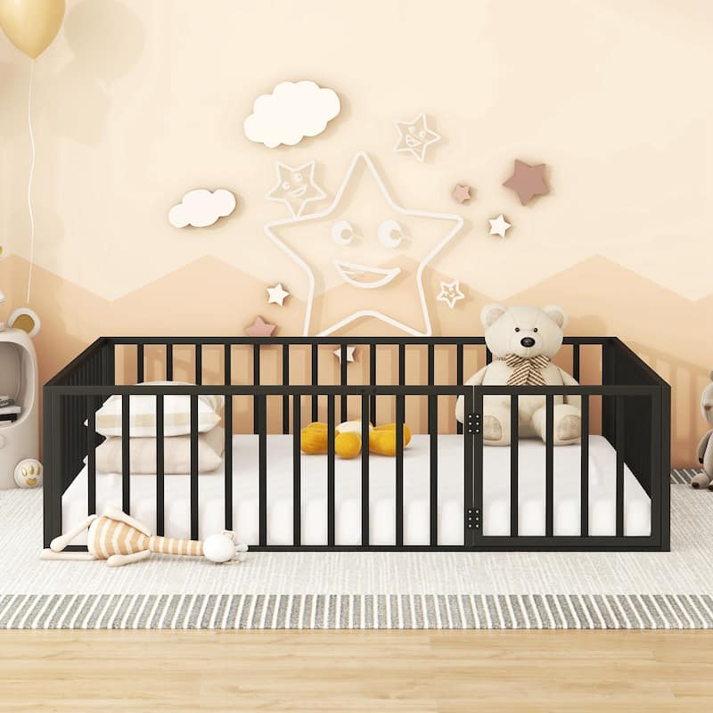 Queen Size Metal Floor Bed Frame with Fence and Door