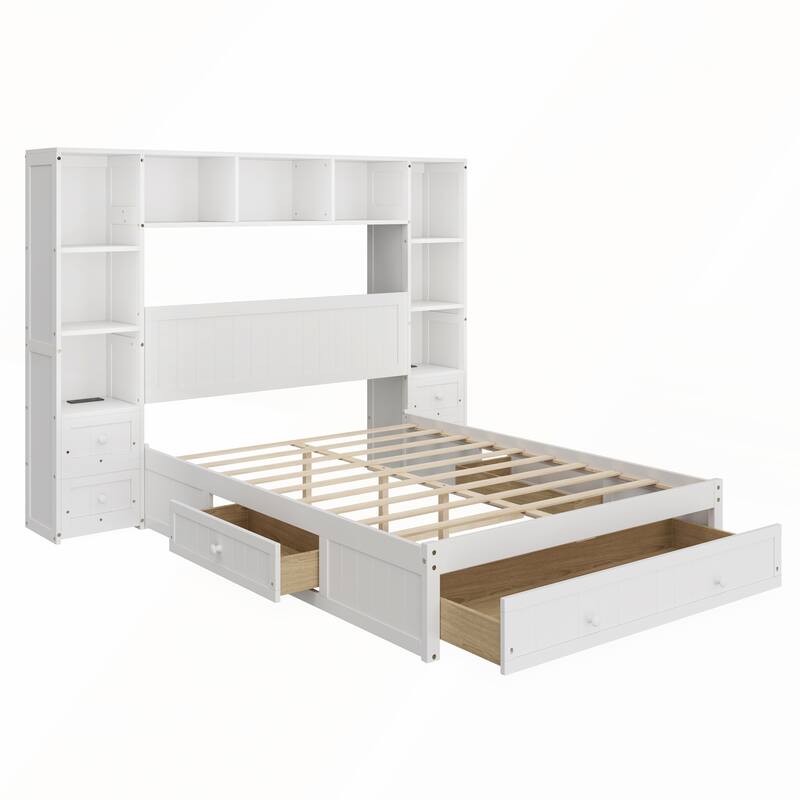 Pine Wood Platform Bed with All-In-One 2 Nightstand and 2 Charging Stations