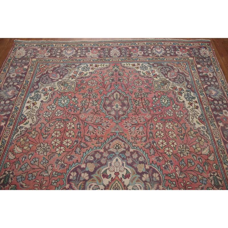 Hand Knotted Oriental 100% Wool Carpet Traditional Floral Pink Tabriz Area Rug - 9' 11'' X 6' 5''