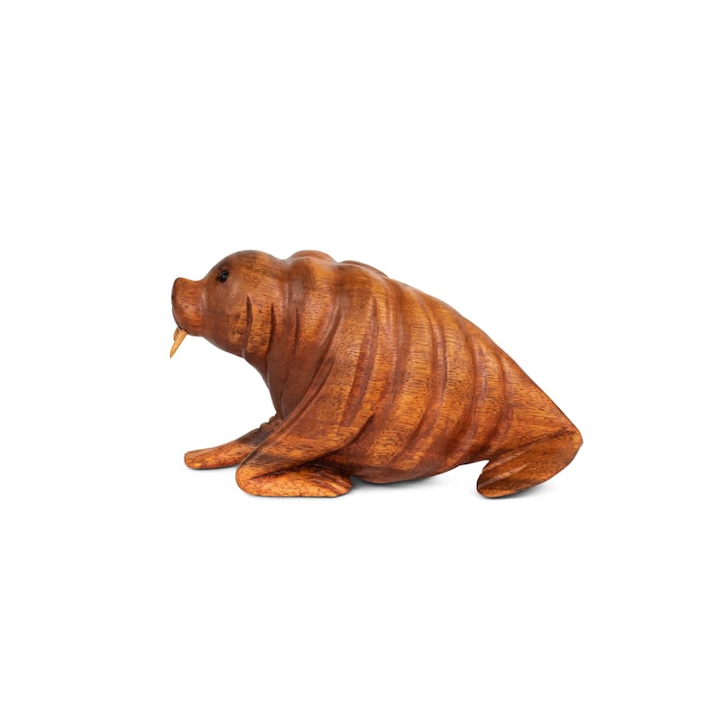 Wood Walrus Figurine Hand Carved Sea Animal Sculpture, Coastal Cabin Decor - 6" wide x 3" tall x 2" deep
