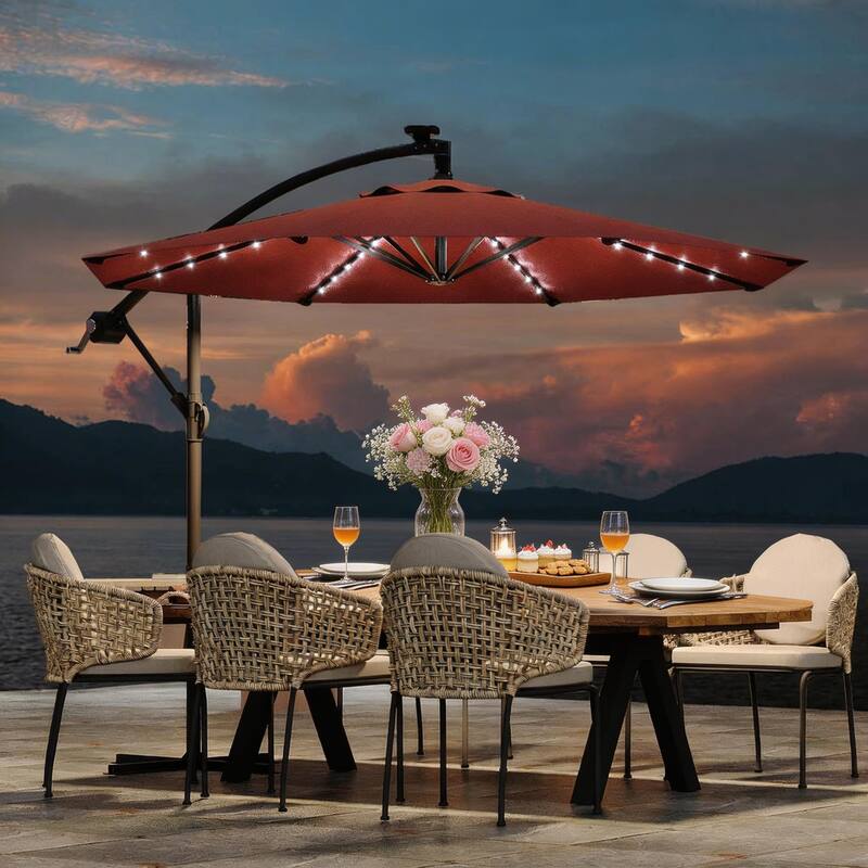 10 ft offset patio umbrella, with solar lights - Wine Red