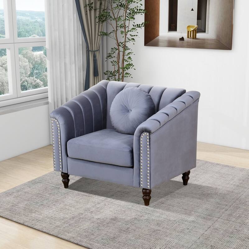 Modern Upholstered Single Sofa with Ergonomic Back & Solid Wood Legs - Grey