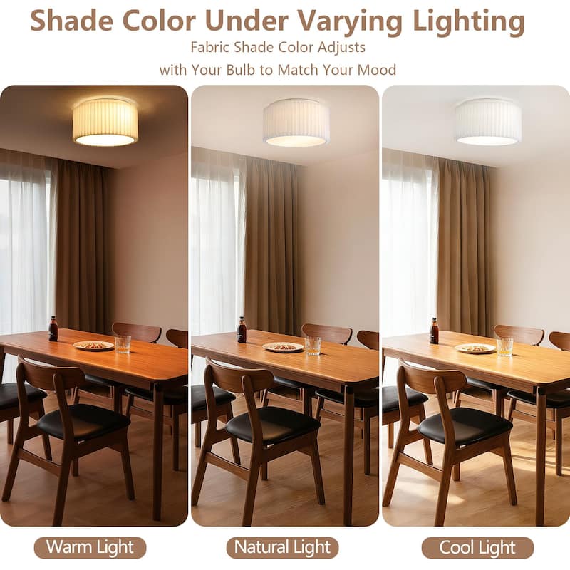 2-Light Modern Fabric Flush Mount Ceiling Light with Pleated Drum Shade - White