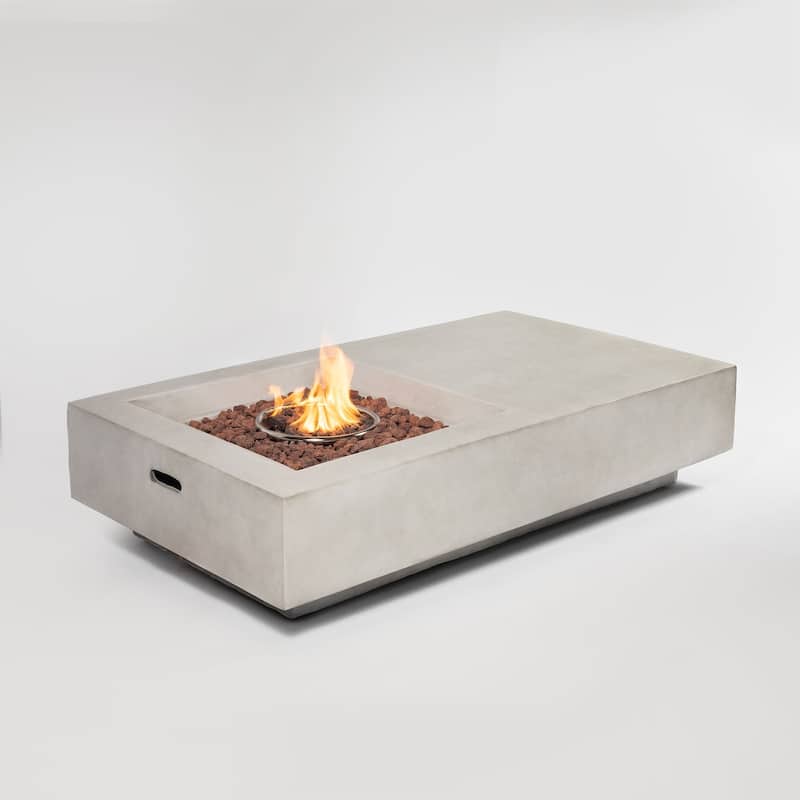 60 Inch Concrete Large Outdoor Fire Pit Table in Light Gray with Lava Rocks - 60" x 14"