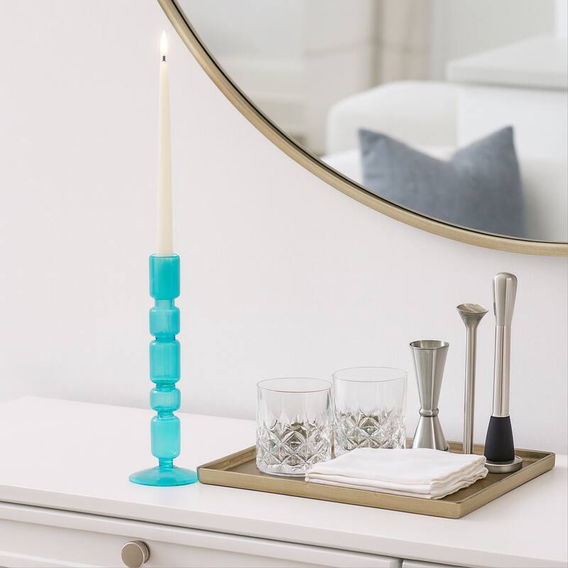 Glass Stacked Mix Bubble Taper Candle Holder - Blue