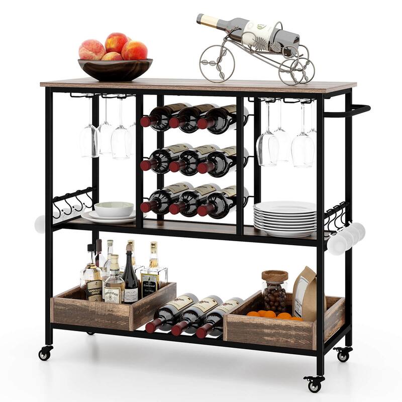 Costway 3 Tiers Bar Cart Home Serving Cart on Wheels with Glass Racks - See Details - Vintage Brown