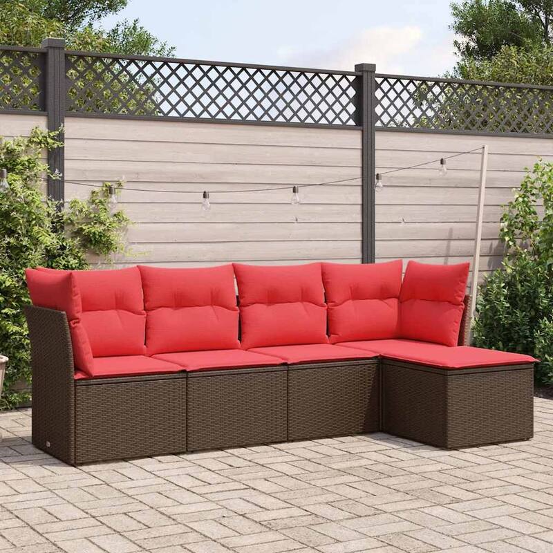 vidaXL 5/6 Piece Patio Sofa Set with Cushions Black/Brown/Gray Poly Rattan - 24.4 x 24.4 x 27.2 - Brown and red Without table