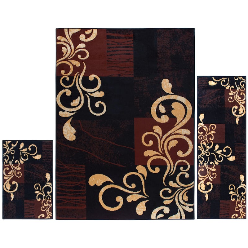 Home Dynamix Ariana Collection Traditional 3-Piece Area Rug (4'11"x6'11", 1'8"x4'11", 1'8"x2'8") - 3 Piece Set - Ebony - Rectangle