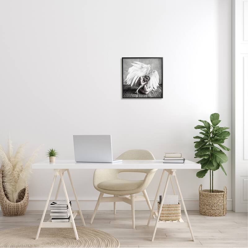 Stupell Magical White Angel Wings Woman Monochrome Photography Framed Wall Art - Grey