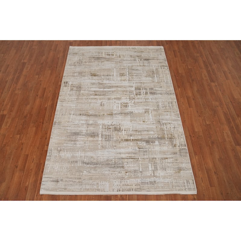 Machine Made Oriental Polyester Carpet Abstract Beige & Ivories Distressed Area Rug - 7' 5'' X 5' 2''