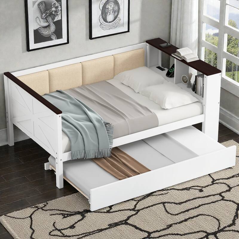 Wood Daybed with Storage Shelves, Upholstered Backrest, USB Charging Station and Trundle