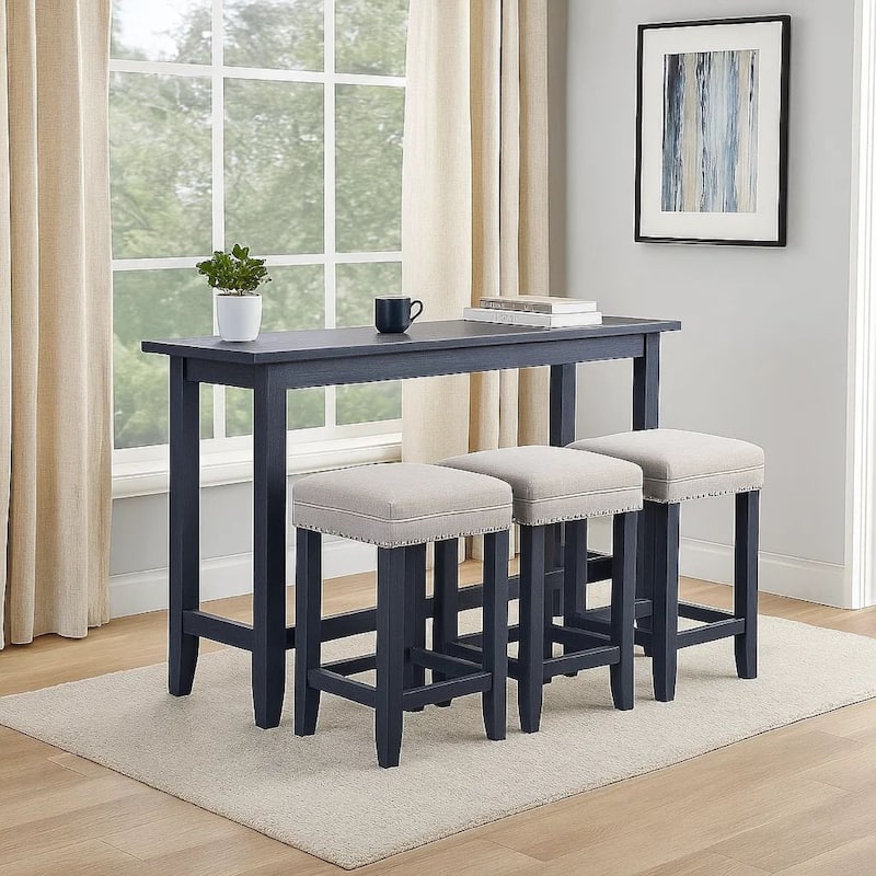 Eala 4 Piece Counter Height Table and Stool Set, Blue Wood, Gray Fabric