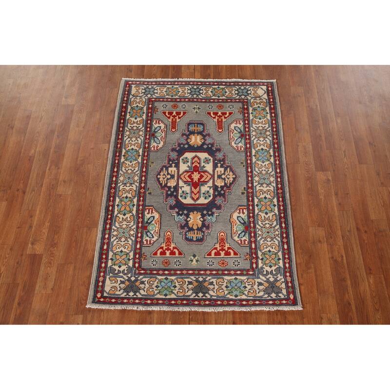 Geometric Kazak Oriental Rug Hand-Knotted Oriental Grey Wool Carpet - 3'6"x 4'10"