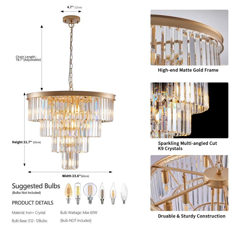 24" Contemporary Crystal Modern Chandeliers Crystal Ceiling Chandelier 4 Tier Golden Chandelier Lighting (Bulbs Not Included)