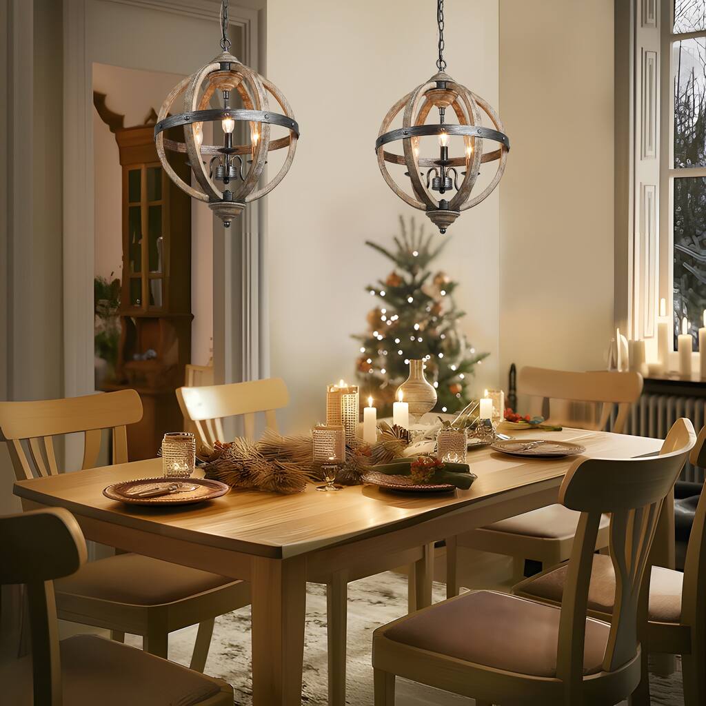 Farmhouse 3-Light Wood Global Chandelier Kitchen Island Pendant Light - W 15.7"x H 21.5"