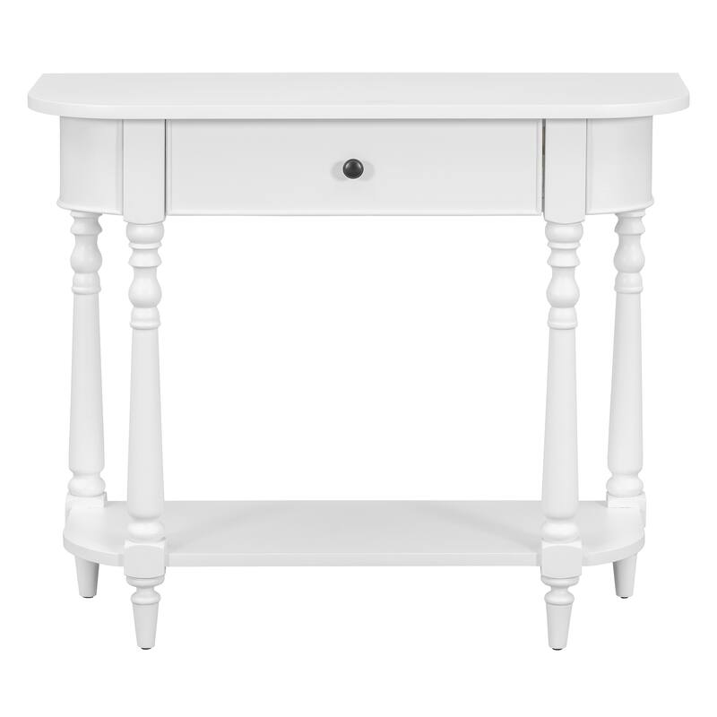 Narrow Console Table with Curved Corner, Solid Pine Wood Entryway Table, 36" Living Room Sofa Table with Drawer and Open Shelf - White