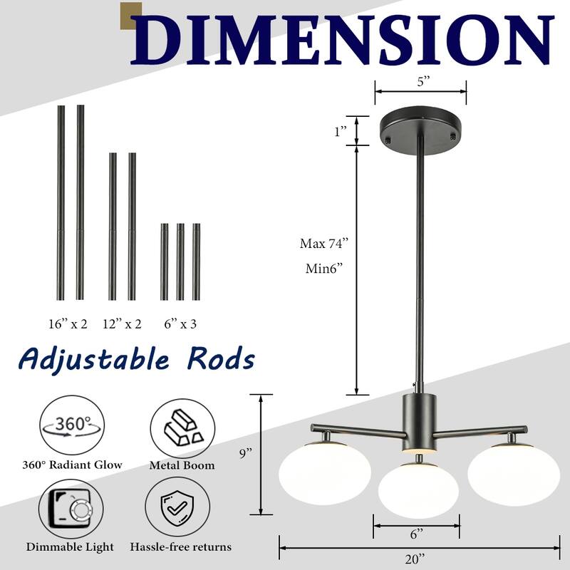 3-Light 20'' Mid Century Modern Opal Glass Chandelier Classic Globe Pendant Light For Dining Room Living Room - W20''