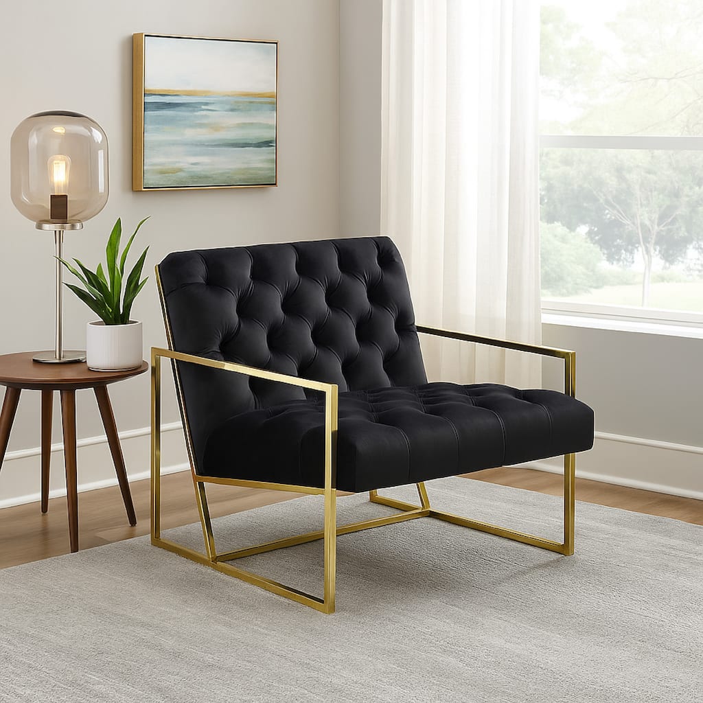 Masy Accent Armchair, Black Tufted Velvet Angled Seat and Back, Gold Legs