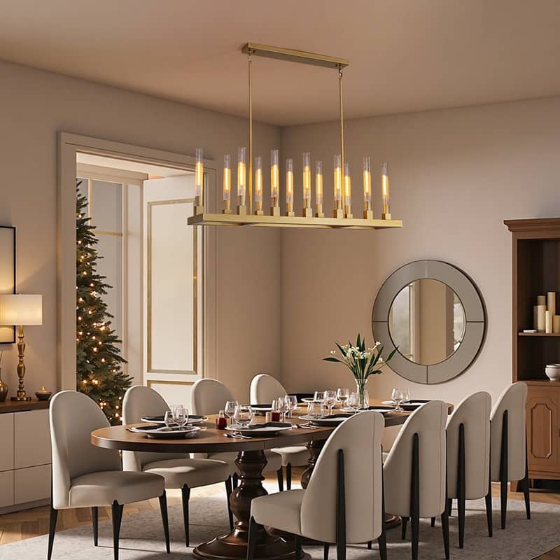 54'' Gold Farmhouse Rectangular Chandelier 12-Light Kitchen Island Lighting with Glass Tube Shades for Living Room & Foyer - N/A