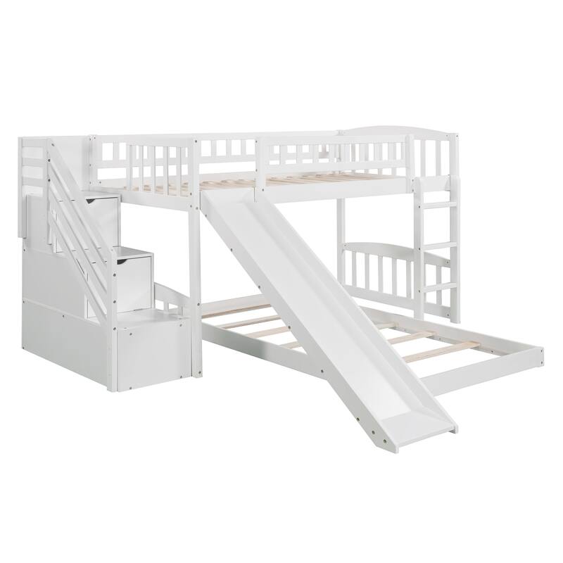 Twin Over Twin Bunk Bed with Stairway, 2 Drawers and Slide